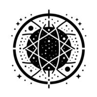 Intricate black and white celestial emblem, depicting a starry cosmic sphere within a circular frame, adorned with geometrical accents and radial lines. vector