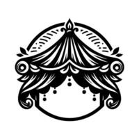 Intricate black and white decorative tent with ornamental details, leaves, and draped canopy within a circle. vector