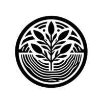 A minimalist black and white circular emblem features a stylised tree with leaves and concentric wavy patterns. vector
