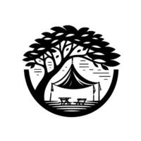 Black and white circular illustration of a campsite under a tree, featuring a tent, benches, and a stylized landscape. vector