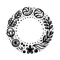 Intricate black and white wreath illustration featuring floral, grain, and swirl elements, circulating a central blank space. vector