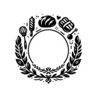 Circular baking emblem in black and white a wreath of leaves surrounds a blank circle, adorned with baking tools and pastries. vector