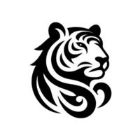 Bold black and white illustration of a tribalinspired tiger head, featuring intricate line work and geometric shapes, set against a clean white background. vector