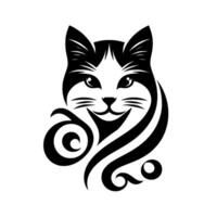 A stylized black and white cat head with a happy expression, featuring decorative swirls, radiating charm and whimsy on a pristine white background. vector
