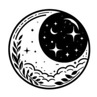 Intricate monochrome artwork depicting a celestial scene within a circle, featuring moon phases, stars, clouds, and botanical elements like leaves and branches. vector