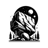 Stylized monochrome landscape mountainous rock formation with night sky, trees, and minimalist design. vector