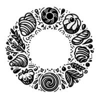 Whimsical black and white circular illustration of various baked goods and botanical elements forming a decorative border. vector
