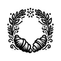 Black white illustration of a wreath embellished with leafy branches and croissants, set against a white background. vector