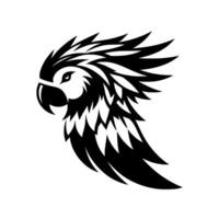 Striking black and white art of a parrots head and wing, featuring geometric feather against white background. vector