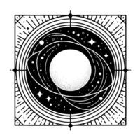 Black and white stylized illustration of a celestial body within concentric circles and a square frame, with stars and orbiting lines. vector