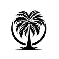 Stylized silhouette palm tree, black and white circular with fronds and trunk, minimalist aesthetic vector