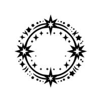 A symmetrical black and white starstudded circular ornament against a white background, featuring various star shapes and dots. vector