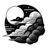 A stylized black and white illustration inside a circle, featuring a full moon, clouds, and stars in an art deco aesthetic. vector