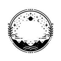 Black and white celestial mountain scene in a circular frame with botanical accents and starry night. vector