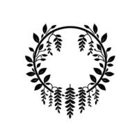 Circular minimalist foliage frame in black and white, featuring leaves, vines, and a decorative wreath on a white backdrop. vector