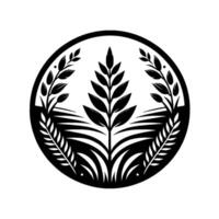 Minimalist black and white circular emblem featuring wheat, leafy stalks, and grain, suggesting growth and harvest. vector