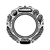 Black and white bakery emblem with bread, flour, and leaf border, circular vector