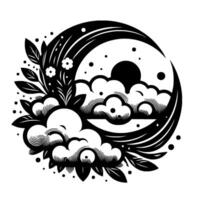 Intricate black and white circular composition moon, clouds, foliage, and dots in a stylized design. vector