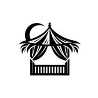 Elegant black and white gazebo silhouette with moon and draped curtains on a pure white background. vector
