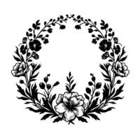 Elegant black and white floral wreath design intricate botanical illustration of a circular arrangement of flowers, leaves, and branches, with detailed linework on a white background. vector