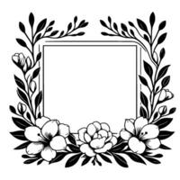 Elegant floral square frame, black and white, stylized flowers and leaves, with a white space for text or image. vector