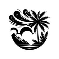 Black and white circular of a tropical beach scene with palm tree, waves, and mountains. vector