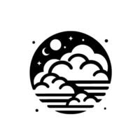 Stylized black and white circular featuring layered clouds, moon, stars, and striped horizon conveying serene, minimalist nightscape. vector