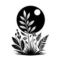 Minimalist monochrome botanical illustration plants, flowers, grasses, and a circle with a smaller moonlike element, clean design. vector