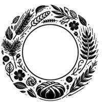 Monochrome wreath design floral wheat motifs encircle a blank circle, showcasing organic elements and botanical patterns, perfect for framing. vector