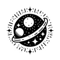 Black and white minimalist celestial featuring a planet with rings, two moons, stars, and radiating cosmic energy, within a circular frame. vector