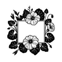 Elegant black and white floral frame a botanical illustration with hibiscus flowers, leaves, and a central rectangular border for text or design. vector