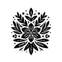Symmetrical black and white floral mandala with leafy accents and circular dots, on white background, for design. vector