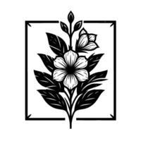 Elegant black and white floral design, framed within a square, featuring intricate flower, leaves and bud detailing. vector
