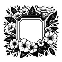 Elegant monochrome floral frame featuring stylized blossoms, leaves, and blank center for text or art. vector