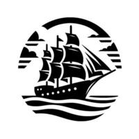 Silhouette of a tall ship sailing in the sea within a circular frame, adorned with minimalist clouds and waves, in black and white. vector