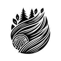 Abstract black and white emblem trees, leaves, and labyrinthine core within an oval shape, natureinspired design. vector