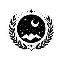Serene celestial emblem black and white circular depicting a crescent moon, stars, and mountains enclosed by a laurel wreath, exuding tranquility. vector