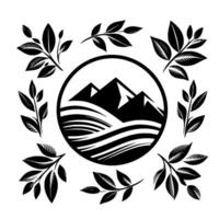 Circular emblem mountains and waves in black and white, framed by leafy branches. vector