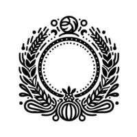 Elegant black and white circular emblem with laurel wreath, central empty space, and ornate decorations. vector