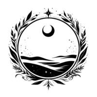 Celestial crest minimalist, black and white circle featuring a crescent moon over a starry landscape and a botanical wreath. vector