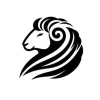 Sleek, stylized black and white of a rams head, featuring curved horns, flowing mane, and a minimalist against a white backdrop. vector