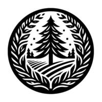 Black and white circular emblem featuring a pine tree, hills, and foliage frame, symbolic of nature and serenity. vector