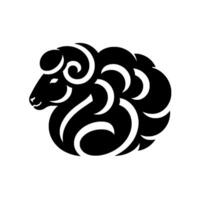 Black and white stylized ram silhouette with swirling horns, curly wool and clean lines on a white background, animal design. vector