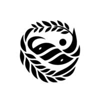 Abstract yinyang symbol with leafy border, composed of black shapes and white negative space, representing harmony. vector