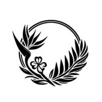 Elegant black white floral crest bird of paradise, clover fern leaves encircled in a double ring, symbolic design. vector