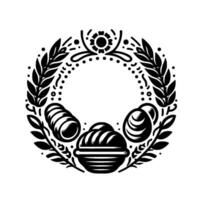 Artistic black and white circular featuring a wreath with bakery goods, including a roll, a bun, and a pastry in a basket. vector