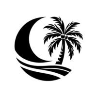 Black and white silhouette palm tree on a crescent moonshaped island with wavy ocean. vector