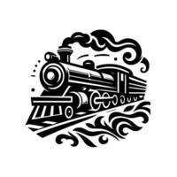 Ornate black and white steam engine with swirling smoke and decorative track details on white. vector