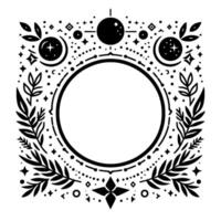 Intricate celestial frame moonlit starry night with foliage border, blank circle center, and black and white design. vector