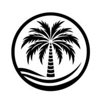 Black and white minimalist featuring a stylized palm tree within a circle, set above stylized waves, conveying a sense of tropical tranquility. vector